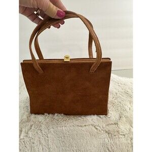 Genuine Deerskin Satchel Handbag Inside Pocket Suede Gold Clasp Brown
